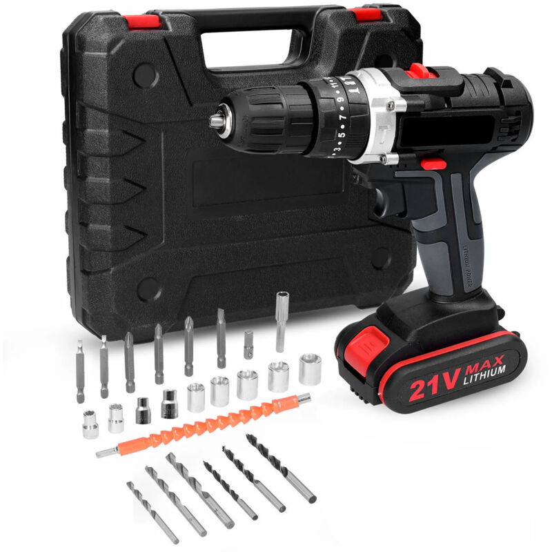 21-V-Akku-Bohrschrauber, 45 Nm Akku-Bohrmaschine mit Werkzeugkasten, Akku-Bohrmaschine mit 2 x 1,2 Ah Akku, 2 Geschwindigkeiten, 25+3