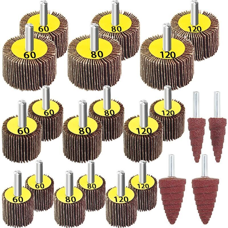 22-teiliges Schleifscheiben-Set, Schleifköpfe, Fächerscheiben (Körnung 60, 80, 120) für Schleifbürste, Bohrmaschine, Polierzubehör