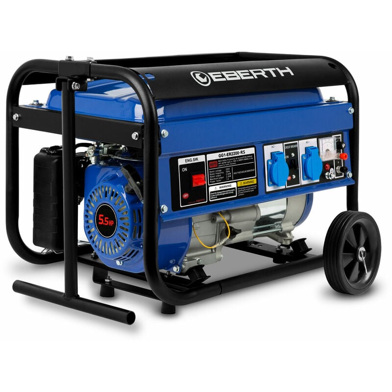 2200 Watt Notstromaggregat Stromerzeuger Stromaggregat mit Fahrwerk, 5,5 ps Benzinmotor, 4-Takt, 1-Phase, 2x 230V, 1x 12V, automatischer Voltregler