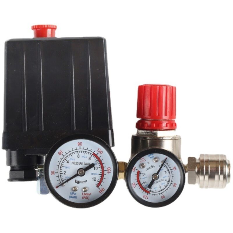 220V Pressostat Compresseur d'Air 4 Trous Regulateur de Pression pour Air Compresseur avec Manomètre Soupape de Sécurité Raccords 90-120 PSI Valve de
