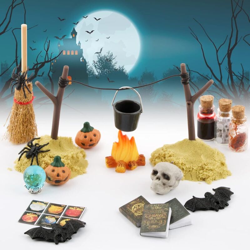 Bluedeer - 22Pcs Mini Halloween Deko Tischdeko Miniatur Streudeko Holz Deko Kürbis Schädel Spinne Fledermaus Hexenbesen Klein Figuren zum Basteln diy