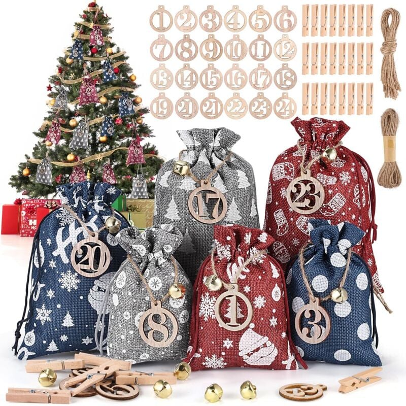 24 DIY Adventskalender zum Selberbefüllen, DIY Stoff Adventskalender mit Holzklammern, Hanfseil, Glöckchen und Holzzahlen, Weihnachtskalender