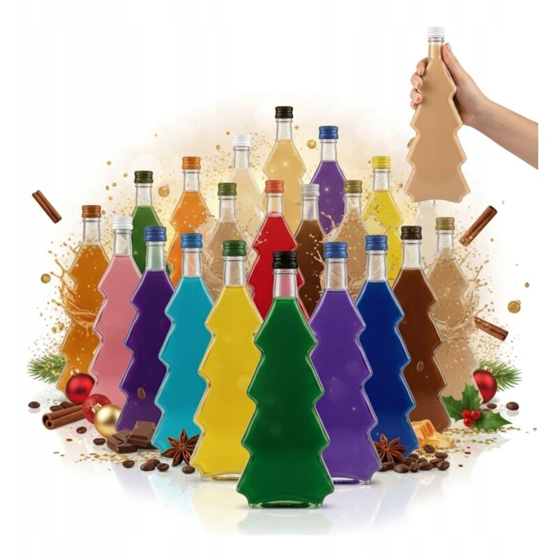 24 Glasflaschen mit Weihnachtsbaum-Motiv, 500 ml, als Geschenkidee: Likör, Tinktur, Wein für Weihnachten