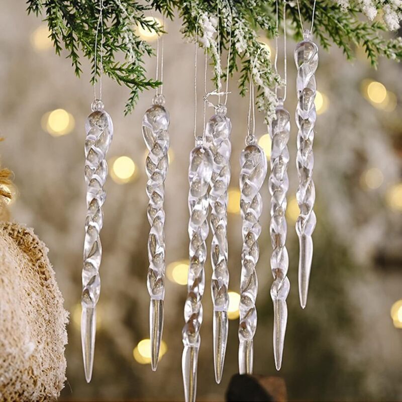 24 Stück durchsichtige Eiszapfen-Weihnachtskugeln, hängende Eiszapfen-Weihnachtsbaumkugeln mit Kordel, Eiszapfen-Weihnachtsdekorationen für den