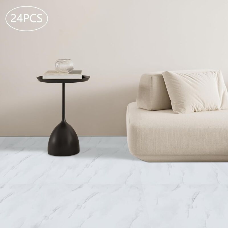 24 Stück PVC Bodenbelag Selbstklebend, 60 x 30 cm Vinylboden Selbstklebend Bodenfliesen Wasserdicht Fliesen für Wohnzimmer Küchen Büro Weiß