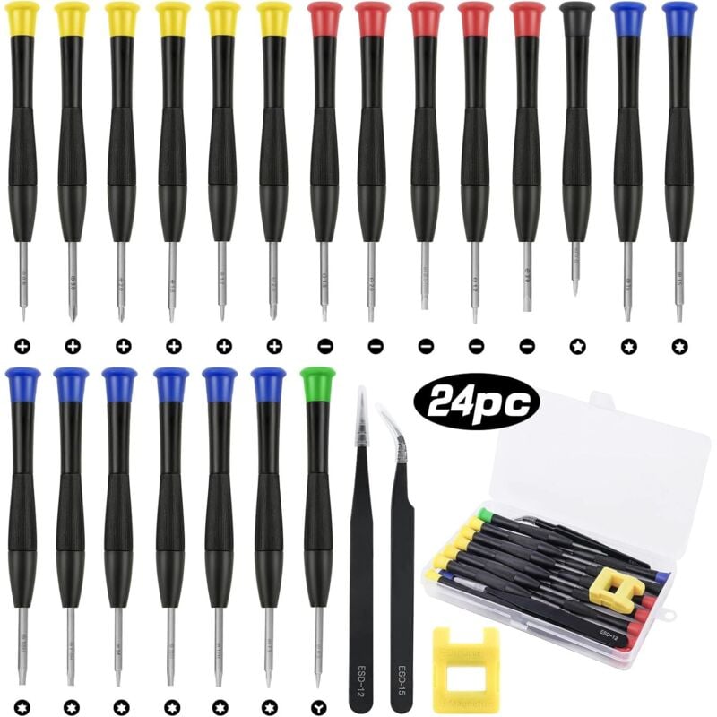 24-teiliger Mini-Schraubendreher, Präzisions-Reparaturschraubendreher für Brillen, PC, PS4, Uhren, Schmuck, Brillen, Telefon, 2 Pinzetten,