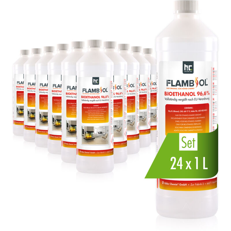 Höfer Chemie Gmbh - 24x 1 l flambiol® Bioethanol 96,6% Premium für Ethanol-Tischkamin in Flaschen