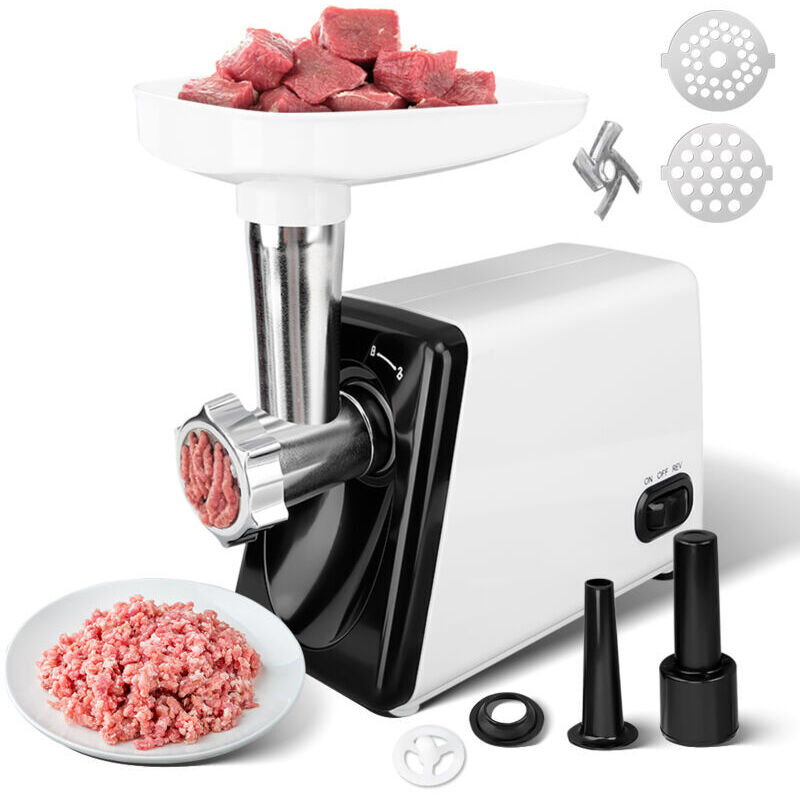 2500-W-Fleischwolf, elektrischer Fleischwolfmotor, 2-in-1-Fleischwolf mit 2 Edelstahl-Lochscheiben, Kubbe- und Wurstaufsatz für schnelles Zerkleinern