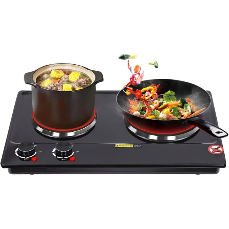 2500W Elektrokochfeld 2 Brenner mit Thermostat, 6 Temperatureinstellung, Elektroherd, Elektrische Infrarot-Kochplatten für Überhitzungsschutz, zum