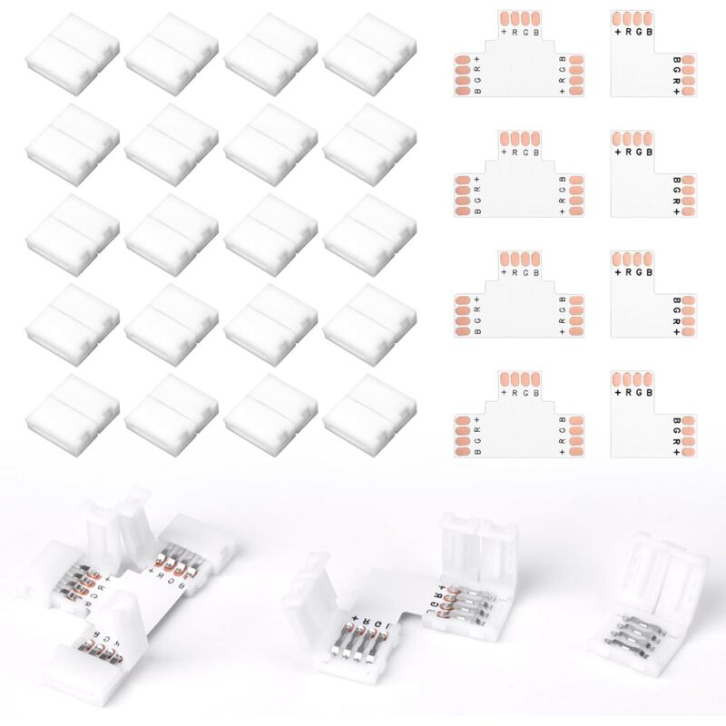 28 Stück 4-Pin-LED-Streifenverbinder für 10-mm-RGB-SMD5050-LED-Streifen, LED-Verbinder, LED-Streifen mit Verbindungsstück, für L-Verbindungen und