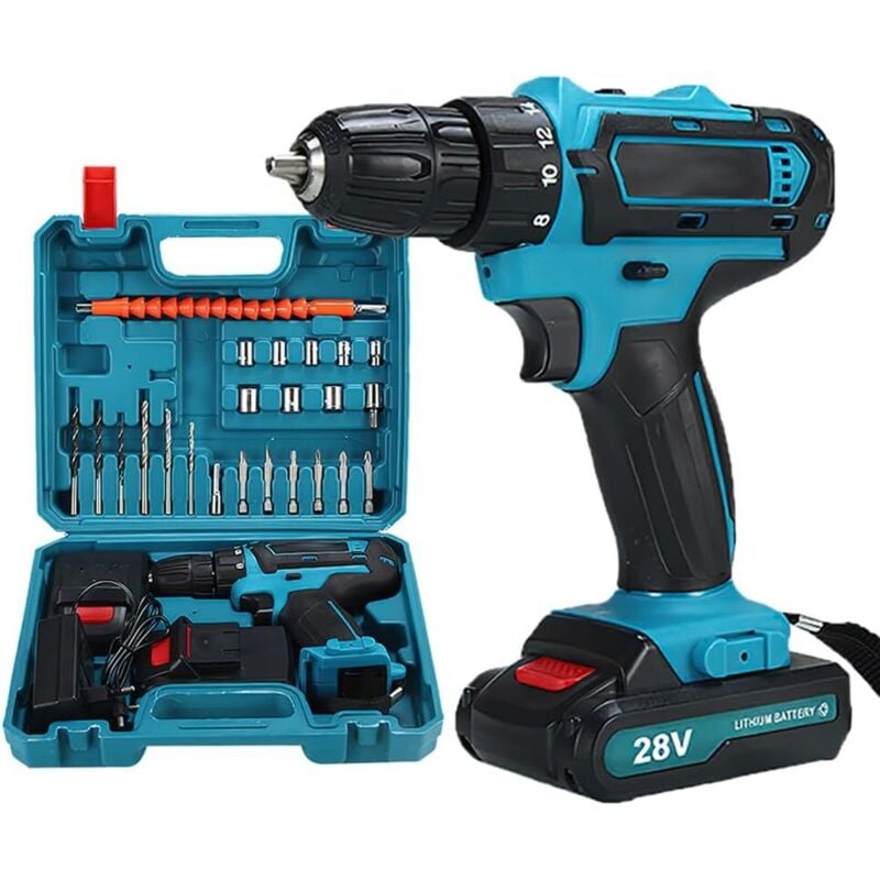 28 V Akku-Bohrschrauber, Akku-Bohrmaschine mit 2 Akkus + 24 Zubehörteilen, 25+3 Drehmomenteinstellungen, LED-Leuchten, Bohrmaschine für Heimwerker