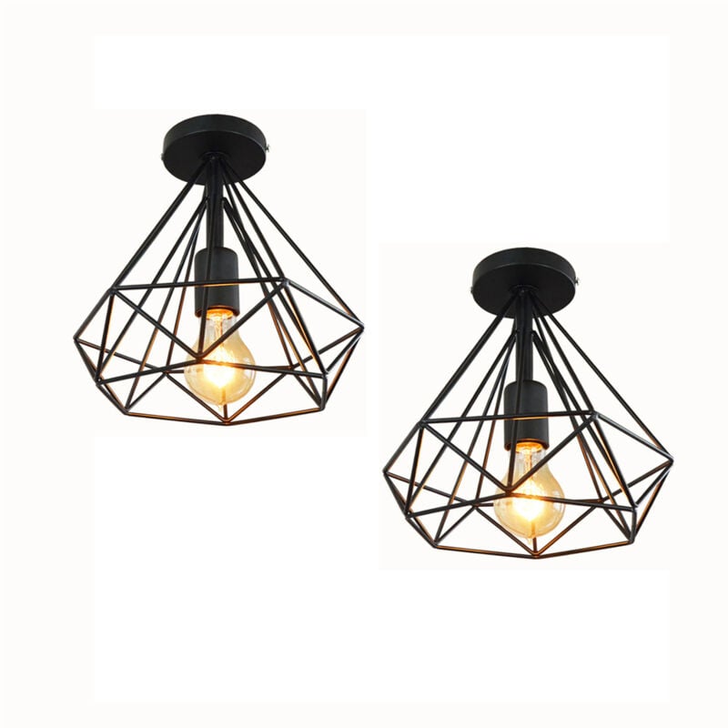 2er Deckenleuchte Vintage Semi-Flush Mount Deckenlampe mit Diamant Form Käfig Antik Licht E27 Lampenfassung für Loft Esszimmer Schlafzimmer (Schwarz)