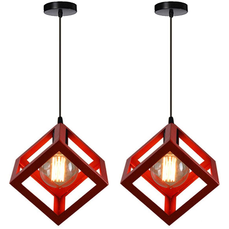 2er Pendelleuchte Würfel, Kreative Kronleuchter im Industri Stil, Hängelampe mit Metall Käfig E27 Lampenfassung für Wohnzimmer Esszimmer (Rot)