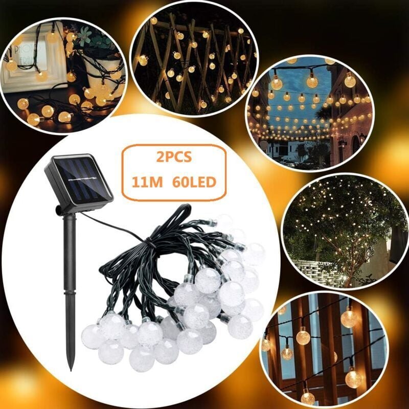 2er-Pack 11 m Solar-Lichterketten mit 60 LEDs, 11 m Solar-Lichterketten mit 60 LEDs für den Außenbereich, 8 Modi, geeignet für Garten, Weihnachten,