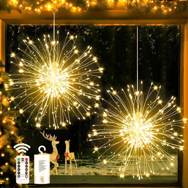 2er-Pack 180 LED-Weihnachtslichter, 8 Modi, Feuerwerk-Lichterkette mit Fernbedienung, wasserdichte Lichterkette für drinnen und draußen, Warmweiß