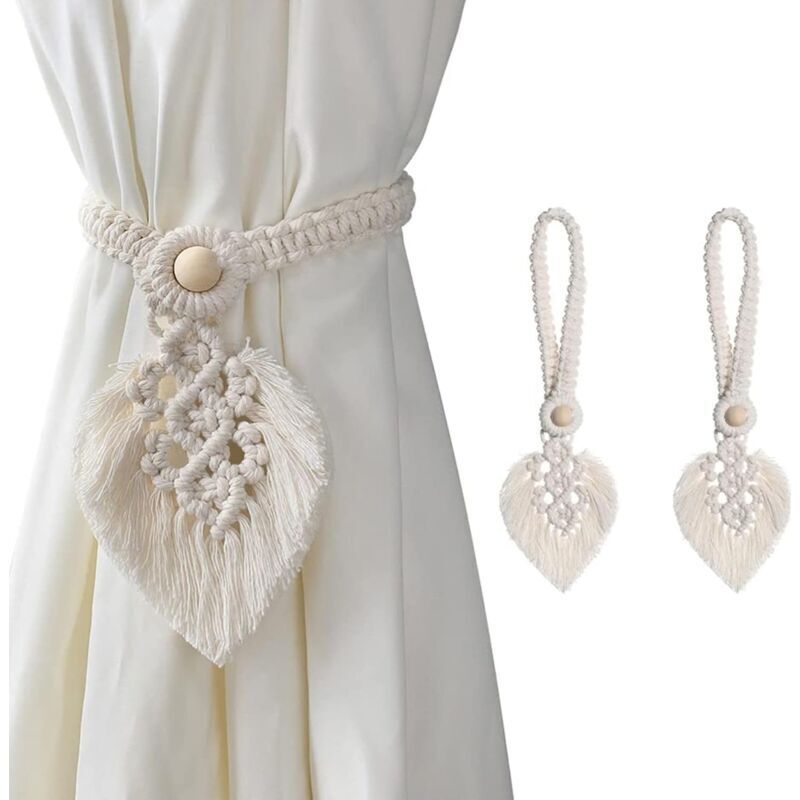 ZVD - 2er-Pack beige Knopf-Vorhang-Raffhalter, Blatt-Vorhang-Raffhalter, Haken, Seilhalter-Schnalle, handgefertigtes Weben, böhmische