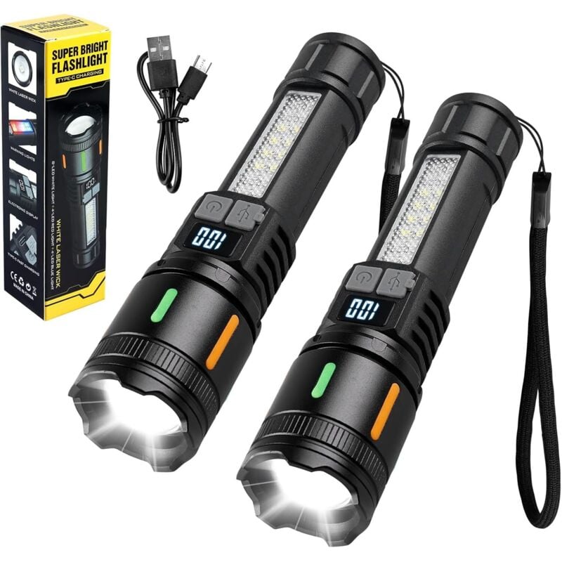 2er-Pack ultrastarke LED-Taschenlampe, wiederaufladbare Taschenlampe, Lumen, ultrastarke Taschenlampe, wiederaufladbare USB-Taschenlampe mit Zoom,