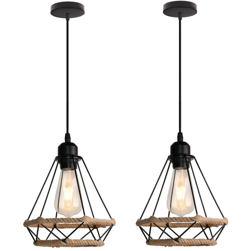 2er Pendelleuchte Hanf Seil Hängelampe mit Käfig Ø20cm Diamant Form Lampen im Industri Stil für für Wohnzimmer Esszimmer (Schwarz)