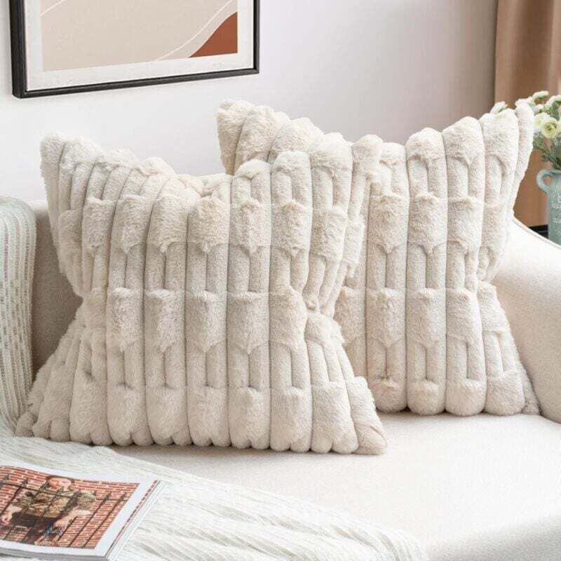 2er Set Beige Kissenbezüge 45x45 Kunstfell Sofakissen Weich Flauschig Modern Kissenhülle Deko für Wohnzimmer, Sofa, Schlafzimmer, Auto Deko