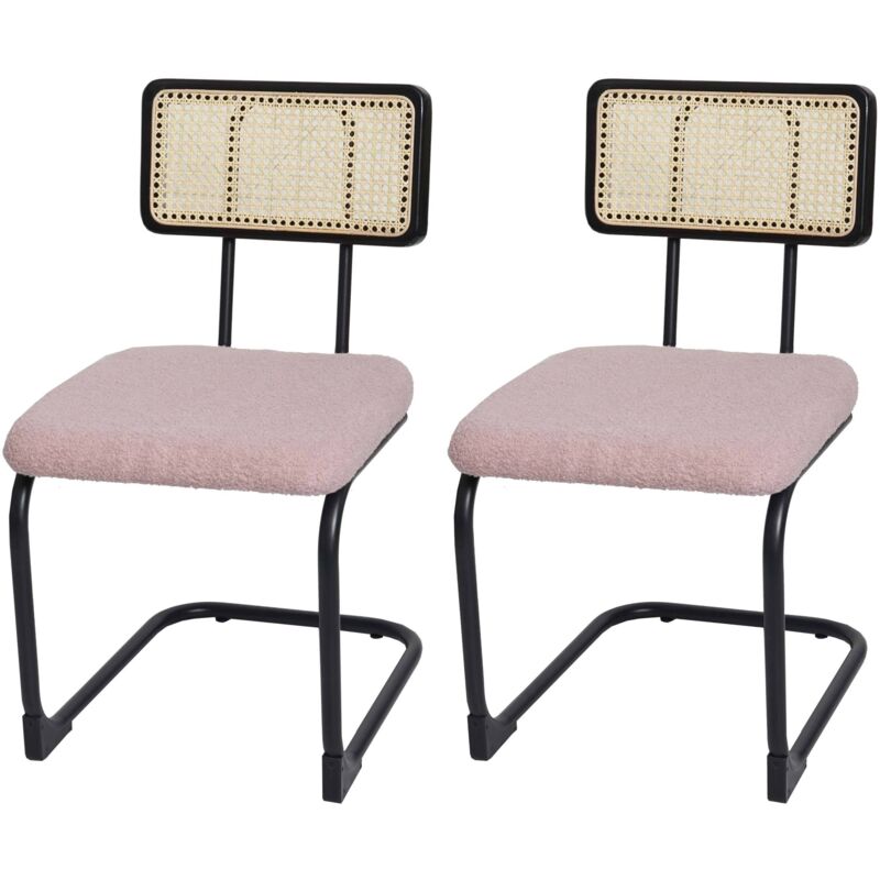 2er-Set Freischwinger-Stuhl HHG 712, Stuhl Lehnstuhl, Holz Rattan Metall Bouclé Stoff/Textil rosa