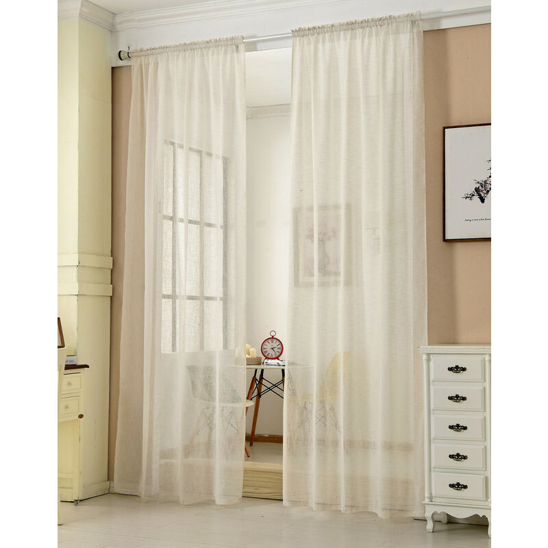WOLTU 2er-Set Gardinen transparent mit Kräuselband Leinen Optik creme 140x175 cm