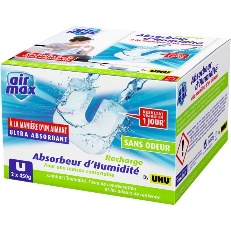 UHU Air max Magnet - Duftfreie Nachfüllpackung für Feuchtigkeitsabsorber Air max Magnet, 2x 450g