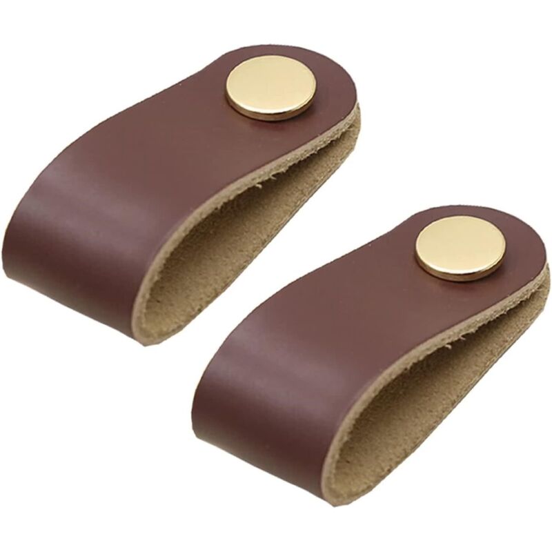 2er-Set Schranktürgriffe aus Messing und dunkelbraunem Leder, Länge 65 mm, mit Schrauben, geeignet für Kleiderschränke und Küchen