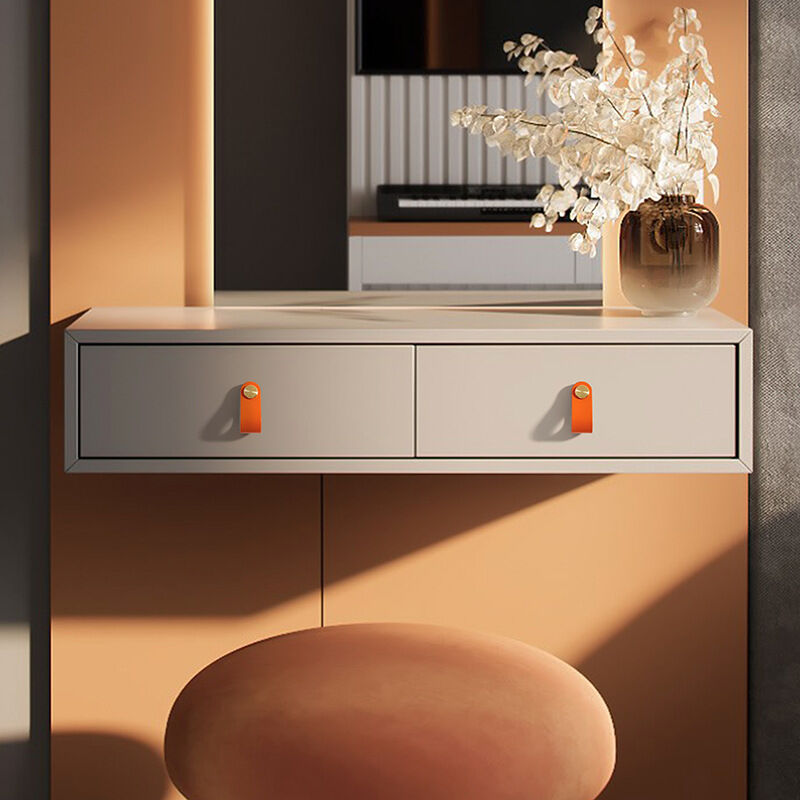 2er-Set Schranktürgriffe aus Messing und orangefarbenem Leder, 65 mm lang, mit Schrauben, geeignet für Kleiderschränke und Küchen