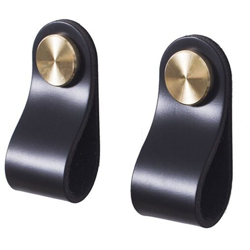 2er-Set Schranktürgriffe aus Messing und schwarzem Leder, 65 mm lang, mit Schrauben, geeignet für Kleiderschränke und Küchen