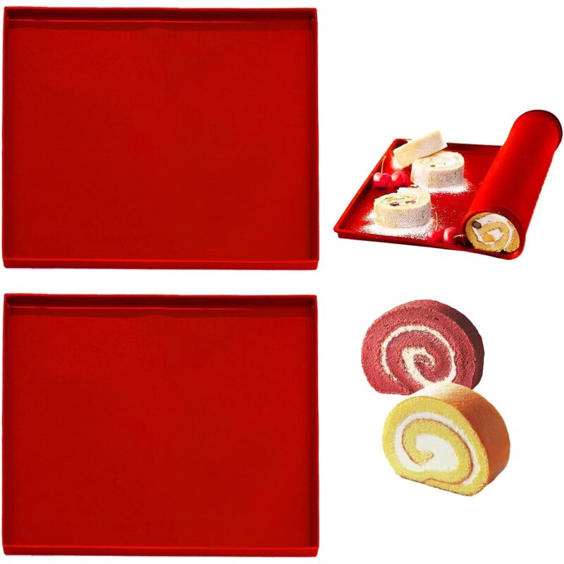 2er-Set Silikon-Backmatten, Biskuitboden, Rollkuchenmatte, Antihaft-Backform, Backblech für Kekse, Pizza, Brot, Mousse (31 x 27 x 1 cm) – Rot