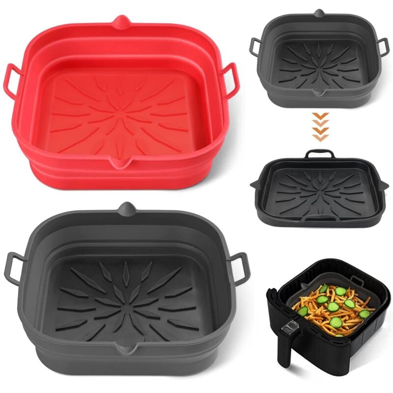 2er-Set Silikon-Korb-Fritteusenzubehör 20 cm, faltbarer Silikon-Luftfritteusenkorb, quadratische flache Silikon-Luftfritteuse, wiederverwendbare