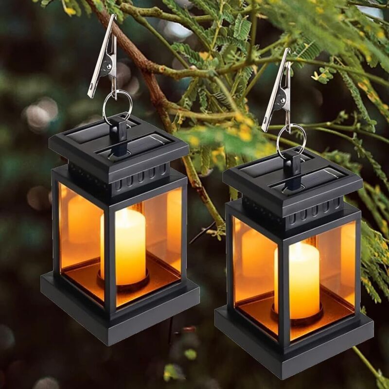 2er-Set Solar-Laternen für den Außenbereich mit LED-Kerzen – IP65 wasserdicht – Hängende Solarleuchten – LED-Kerzen mit Clips – Für Balkon, Terrasse,