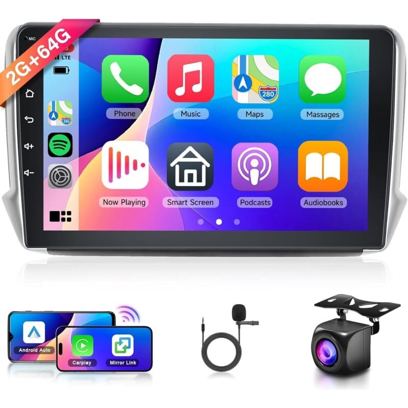 2G 64G Android-Autoradio für Peugeot 2008 208 2012–2018, 10-Zoll-Touchscreen-Autoradio mit kabellosem Carplay, Android Auto, GPS, Mirror Link,