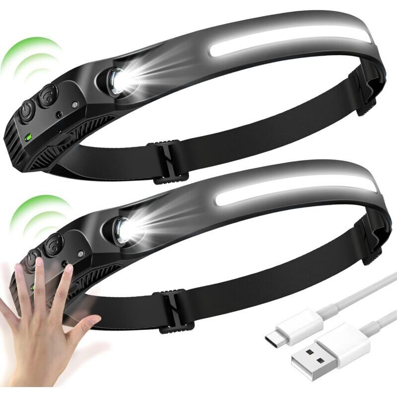 2pcs LED Lampe Frontale, LED Frontale Cob + Xpe 5 Modèles, LED Lampe Frontal zu/bei Capteur, Lampe Frontale zu/bei LED Etanches USB Rechargeables,