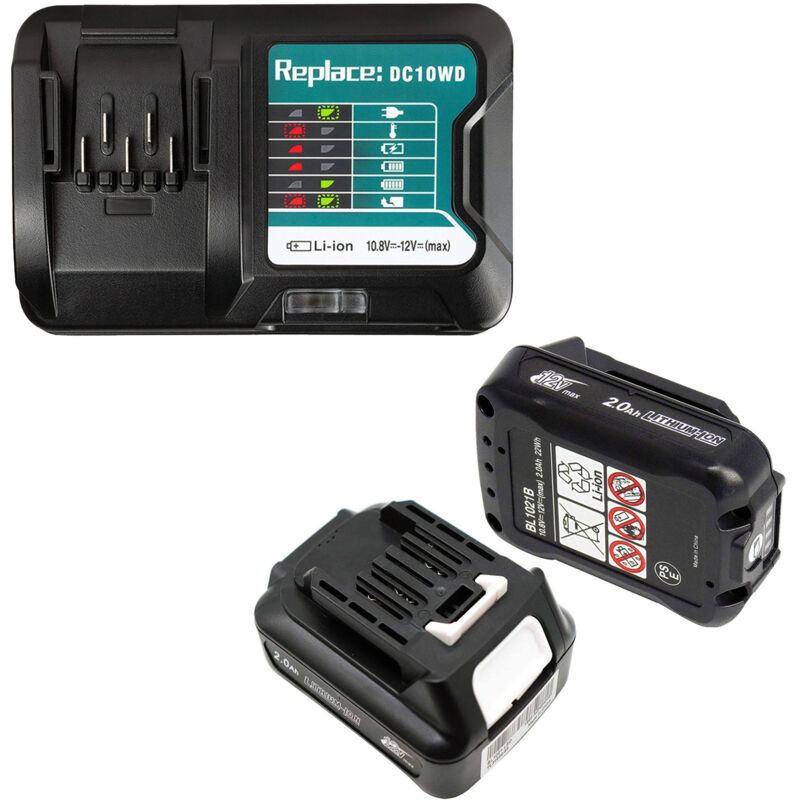 2X BL1021B Akku 12V 2,0Ah mit Ladegerät DC10WD, für 12V 10,8V Makita Akku BL1021B BL1041B 197339-1 BL1040B BL1015/ für Makita TD110D HR140DZ DF333DZ