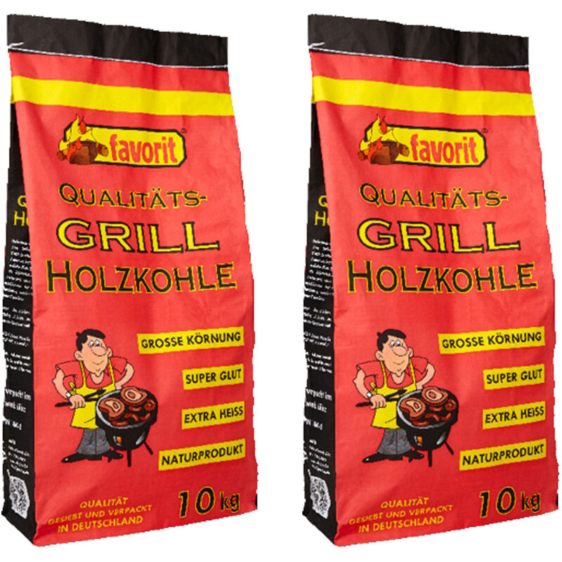 2x Favorit Grill Holzkohle 10 kg Sack, grosse Körnung, brennt schnell an