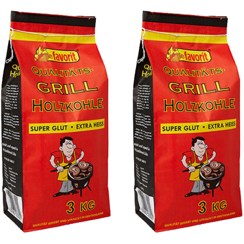 2x Favorit Grill Holzkohle 3 kg Sack, grosse Körnung, brennt schnell an