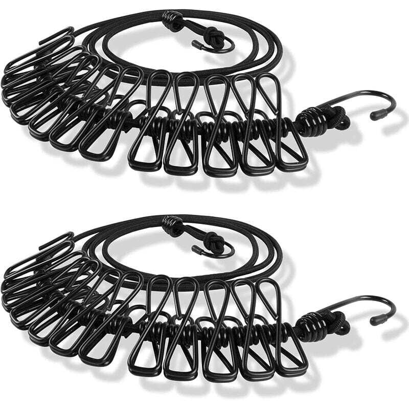 2x Flexibler Reise-Wäscheständer mit Clip, für den Außenbereich, leicht elastischer Wäscheständer, Schwarz