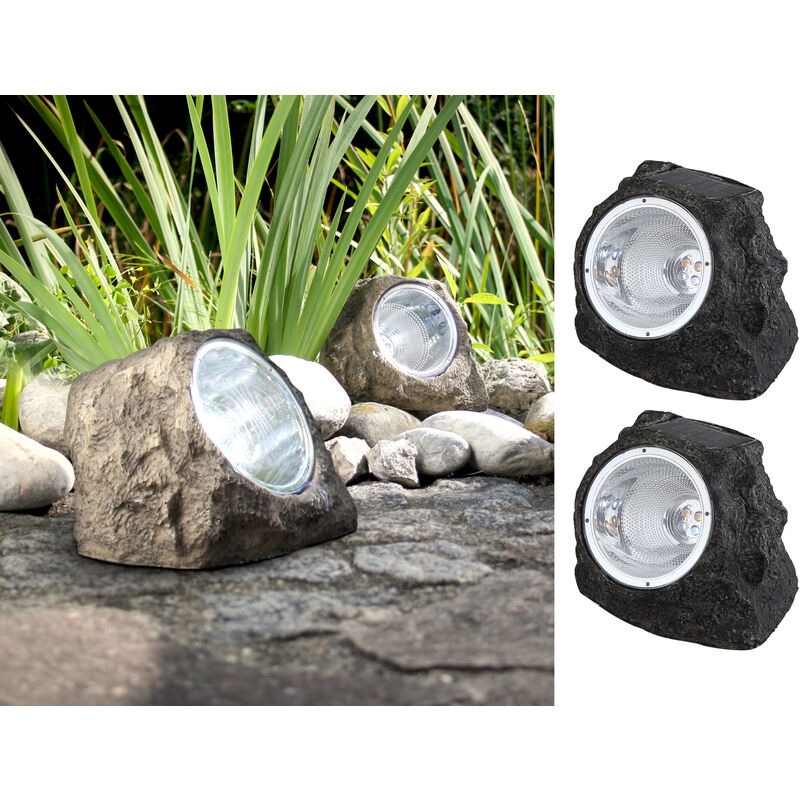 Meinewunschleuchte - 2x led Gartendeko Solarleuchten in Steinoptik aus grauem Kunststoff