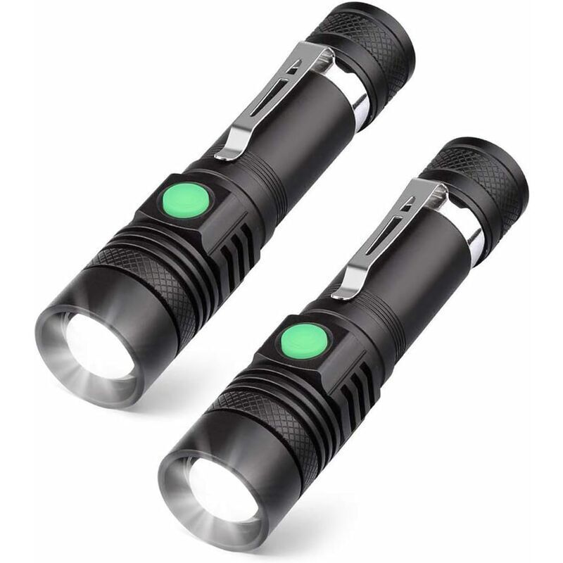 2x LED-Taschenlampe wiederaufladbar USB, Taschenlampe 600 Lumen, IP65 wasserdicht, 4 Beleuchtungsmodi, zoombare Taschenlampe für Haushalt, Camping,