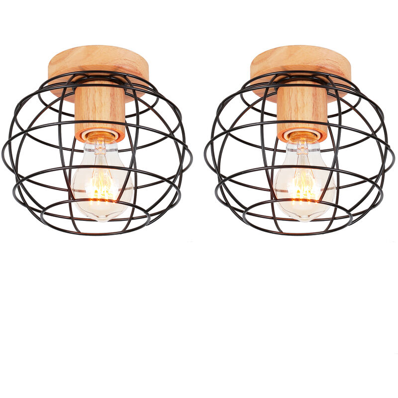 2x Metall Hölzern Deckenlampe E27 Lüster Käfig Design Retro Deckenleuchte für Wohnzimmer Schlafzimmer Café Restaurant Badezimmer Schwarz