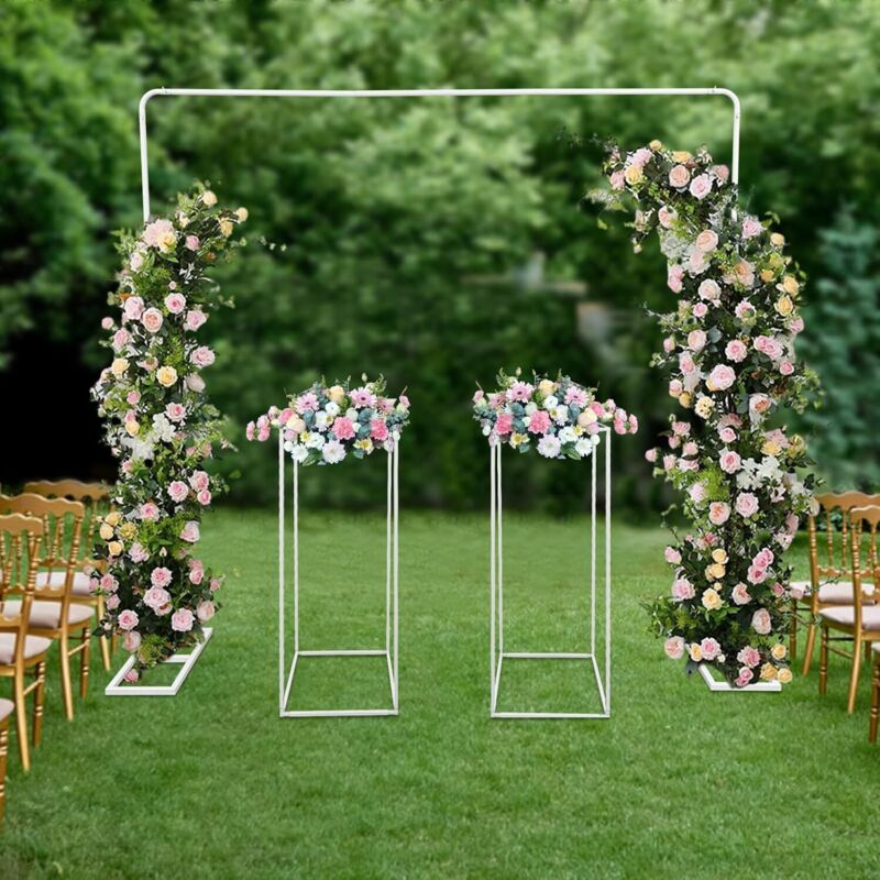 2x2M Zeremonie Ballonbogen + 2 Stück 27 27 80cm Blumenständer, Metall Hochzeitsbogen Quadrat Luftballon Bogen Kit für Hochzeit, Geburtstag, Party,