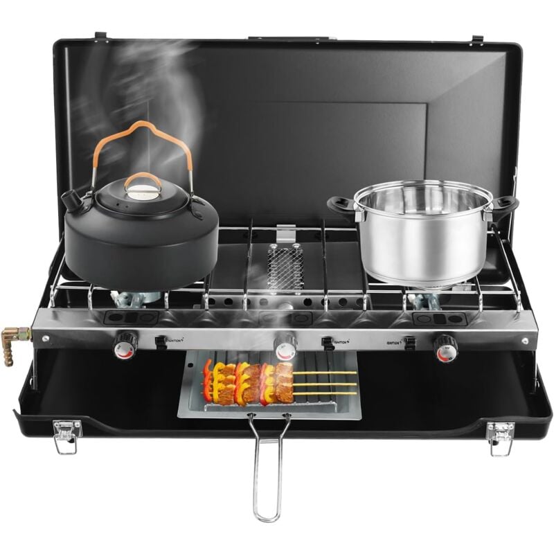 3 Flammiger Gaskocher Schwarz, Tragbarer Propan Kochfeld, Butan Kochplatte, Campingkocher, Hockerkocher, Gasherd, Gas Kochfeld