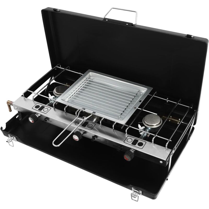 3 Flammiger Gaskocher Schwarz, Tragbarer Propan Kochfeld, Butan Kochplatte, Campingkocher, Hockerkocher, Gasherd, Gas Kochfeld