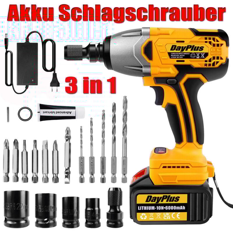 Dayplus - 3 in 1 Akku-Schlagbohrschrauber 3000W Akkuschrauber Set in Koffer Mit 1X Akkus