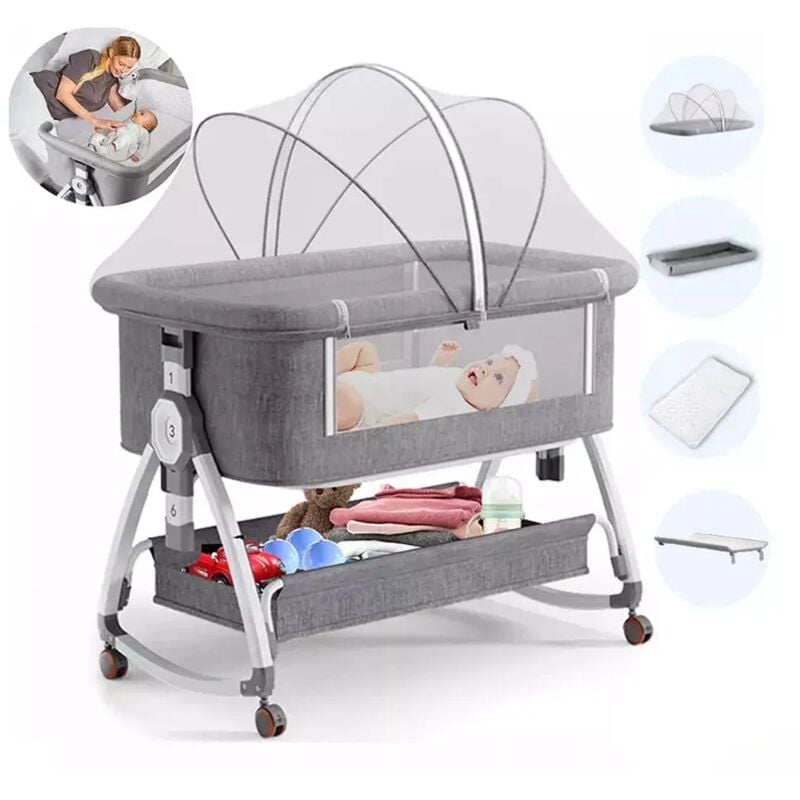 3-in-1-Beistellbett mit Rädern, Baby-Beistellbett, höhenverstellbar 71–84 cm, Stubenwagen, herausnehmbare Matratze, Aufbewahrungskorb