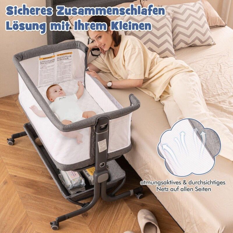 Northix - 3 in 1 beistellbett reisebett baby mit matratze babybett 6 fach hohenverstellbar mit aufbewahrungskorb dunkelgrau