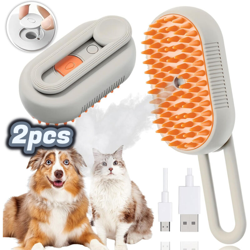 3-in-1 Dampfbürste für Katzen, Multifunktionale Dampfbürste für Katzen, Hunde und Katzen, Dampfbürste zum Entwirren von Tierhaaren (2er-Pack)