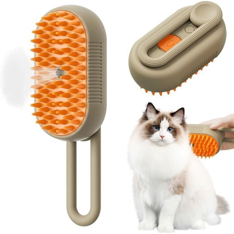 3-in-1 Dampfbürste für Katzen und Hunde, Tierhaarkamm, reduziert Haarausfall, fördert ein gesünderes Fell, khakifarben
