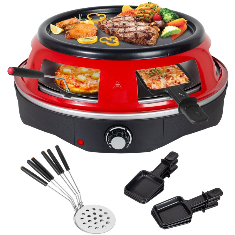3-in-1 Elektrischer Pizzaofen, 1200 Watt, Pizzabackofen für 6 Personen mit 6 Pizzaschaufeln, 6 Käsepfanne, Grillplatte, für Mini-Pizza in ø 10cm,